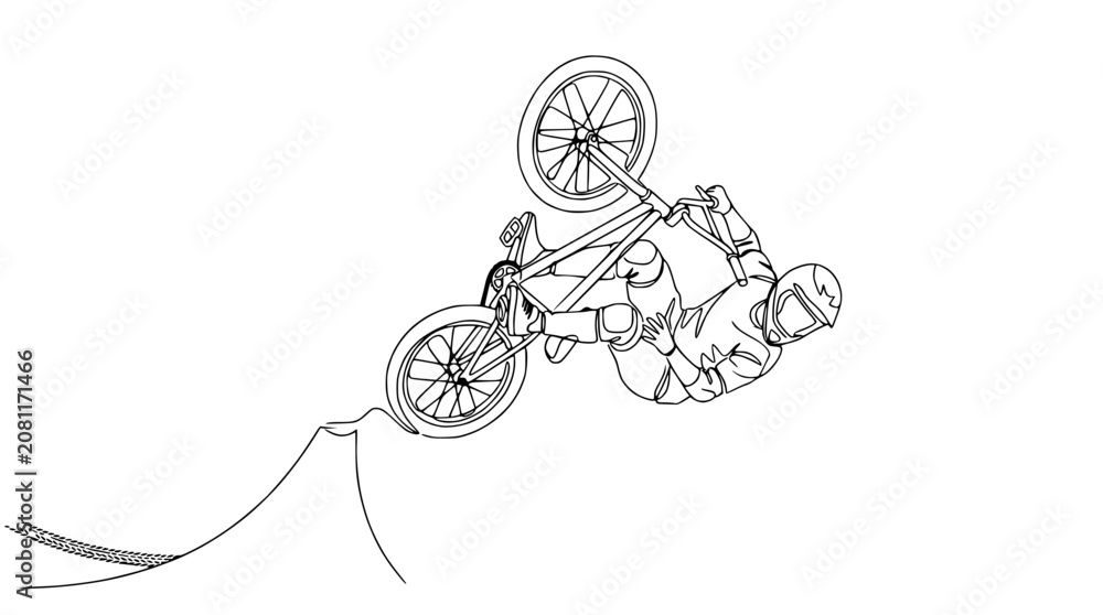 Obraz premium BMX Rider Performing Aerial Trick Over Ramp - Freestyle Bicycle Stunt Line Art
