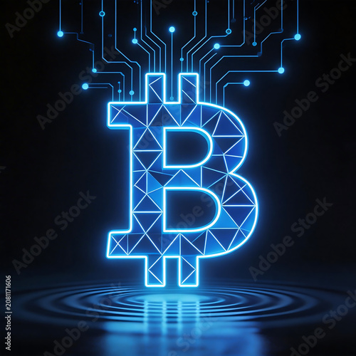 Blue glowing Bitcoin symbol with circuit design