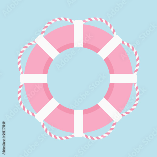 A pink lifebuoy ring floats against a soft blue background