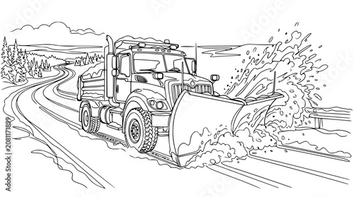 Snowplow Truck Clearing Road in Winter Landscape - Line Art Illustration