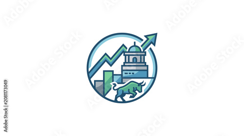 Financial Bull Market Icon with Rising Stock Graph and Bank Building