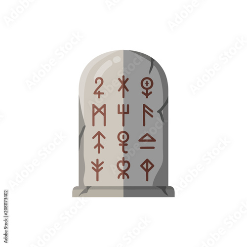 Ancient stone tablet with red viking runic symbols engraved