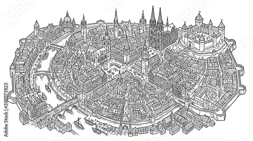 Intricate Medieval Cityscape Drawing with River and Castle