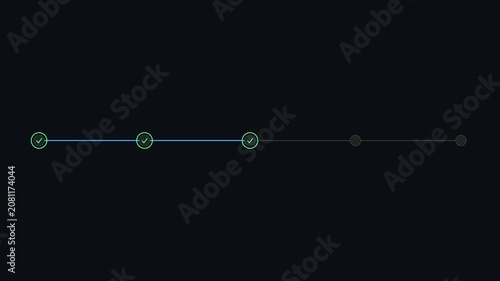 Minimalist progress bar animation with step completion checkmarks on dark 4k background, loading status