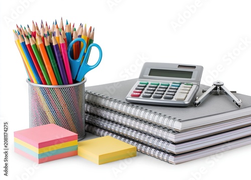 Education supplies with colored pencils notebooks calculator and stationery items