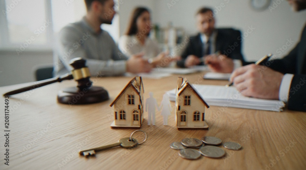 Fototapeta premium A legal professional meeting with a couple regarding a property division, illustrated with two small house models, a paper couple figure, a key, and coins on a wooden desk.