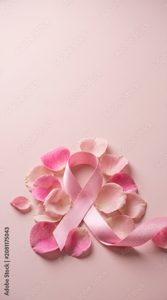 Obraz premium Pink ribbon and rose petals symbolizing breast cancer awareness and hope Outubro Rosa