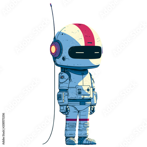 Cute Cartoon Robot Astronaut in Blue Spacesuit with Striped Helmet Hand Drawn Style Vector on a Transparent Background 