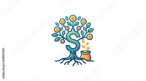 Money Tree Symbol with Dollar Sign and Coin Harvest