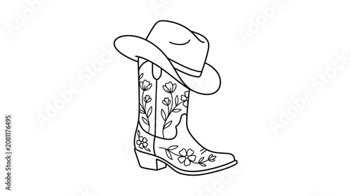 Stylized cowboy boot with floral design and hat in minimalist line art style for graphic design projects