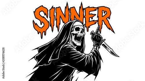 High contrast graphic featuring a sinister skeleton with a knife and bold sinner text for halloween themes