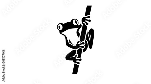 Minimalistic vector illustration of a frog climbing a stick in a clean black and white design for modern graphics