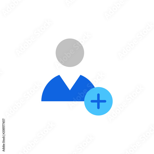 User add icon with grey and blue flat symbol for user registration