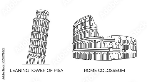 Obraz na płótnie Leaning Tower of Pisa and Rome Colosseum Line Art Icons