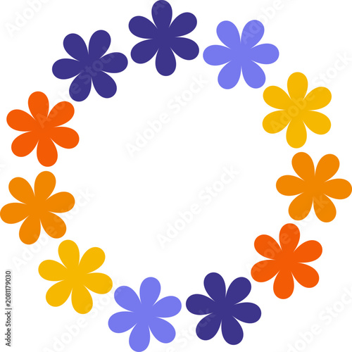 Colorful circular wreath of stylized flat flowers arranged in vibrant rainbow tones for graphic design projects