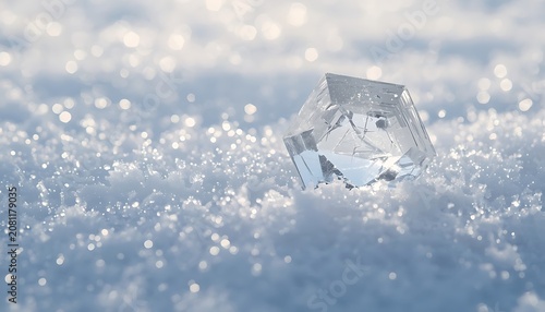 Close-up Macro Shot of a Cubic Ice Crystal Sparkling in the Bright Sunlight on a Blanket of Fresh Snow