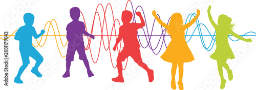 Colorful silhouettes of happy children jumping with dynamic abstract sound waves in a bright scene