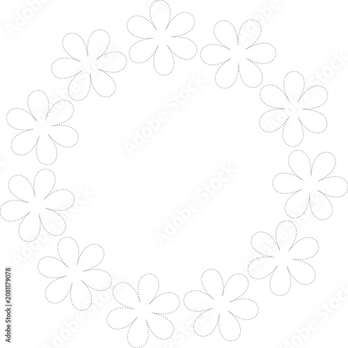 Decorative floral circle frame made from simple stitched flower outlines arranged in a circular shape