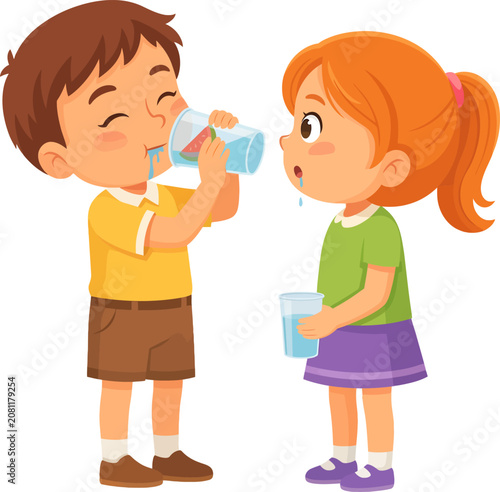 Little boy and girl drinking fresh cool water from clear glasses in a friendly setting