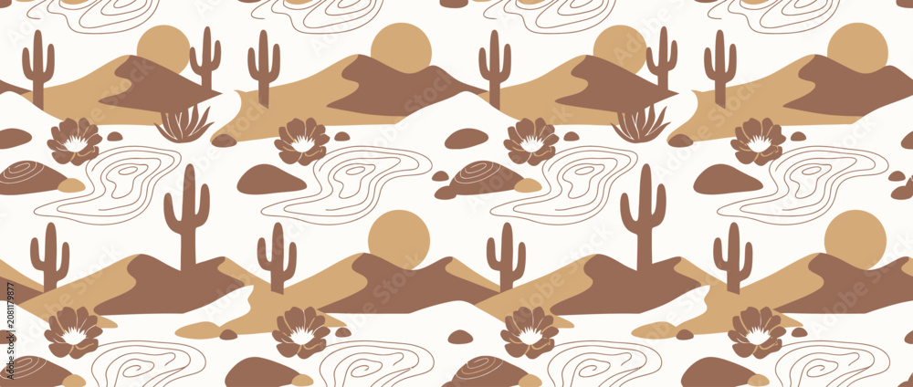 Fototapeta premium Boho Desert Landscape Pattern with Cactus and Dunes