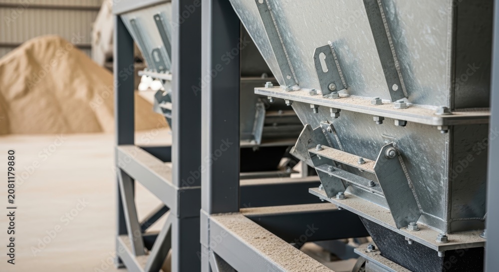 Naklejka premium Metal grain storage hopper with dispenser and supporting steel frame structure