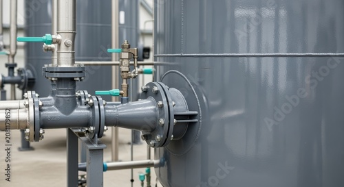 Industrial pipe system connecting to large metal tank in manufacturing plant