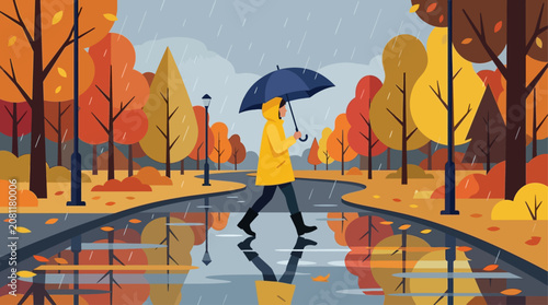 Autumn Scene of a Person Crossing a Reflective Puddle in a Park with Vibrant Colorful Trees and Falling Leaves During a Rainy Day Evoking Serenity and Seasonal Transition