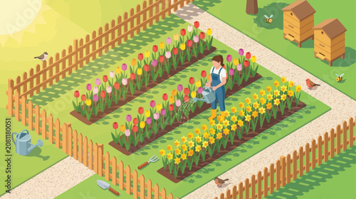 A vibrant garden scene showcasing neatly cultivated flowerbeds with colorful blossoms a person tending to plants surrounded by a wooden fence lush greenery and decorative features illustrating sustain