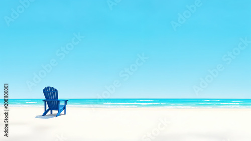 blue Adirondack chairs on a beach with sand dunes facing the ocean at sunset. Summer scenic landscape. copy space for text.