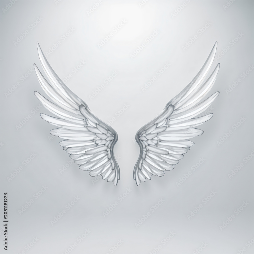 Fototapeta premium Translucent, icy angel wings against a gray background.