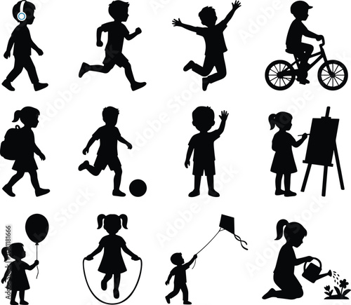Children Activity Silhouette Collection with Kids Playing, Learning and Outdoor Recreation Vector Set