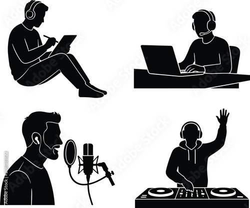 Creative Digital Lifestyle Silhouette Collection with Music Production, Remote Work and Online Communication