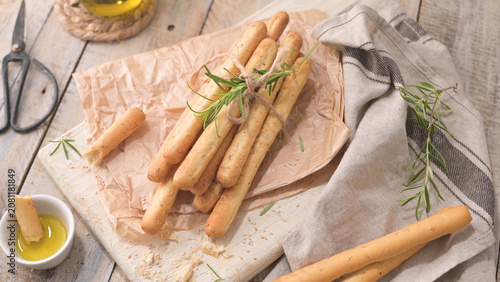 Bundle of Fresh Baked Rosemary Breadsticks with Olive Oil