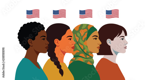 Multicultural female citizens profile views with american flags in clean flat illustration for civic engagement campaigns