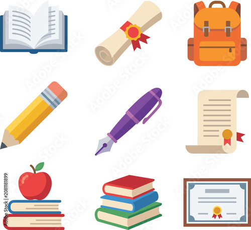 Education and School Supplies Flat Icons Collection with Books, Diploma, Backpack and Stationery