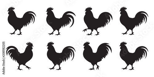 Collection of rooster silhouettes showing various standing walking and alert poses for farm and livestock design.