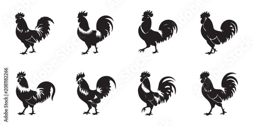 Detailed black silhouette icons of roosters in diverse stances set for agricultural branding and farm imagery.
