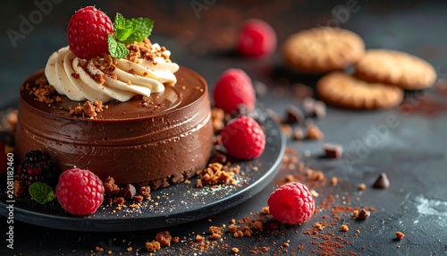 Close-up of a chocolate dessert with whipped cream, raspberries, and cookie crumbles, on a dark plate