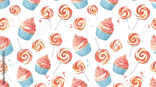 Seamless Watercolor Cupcake and Lollipop Pattern with Sweet Candy Desserts for Wrapping Paper, Textile, Packaging, Nursery, and Digital Background Designs