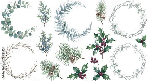 Watercolor Winter Botanical Wreath Collection Featuring Eucalyptus, Pine Branches, Holly, Evergreen Foliage, and Rustic Christmas Frames for Holiday Designs