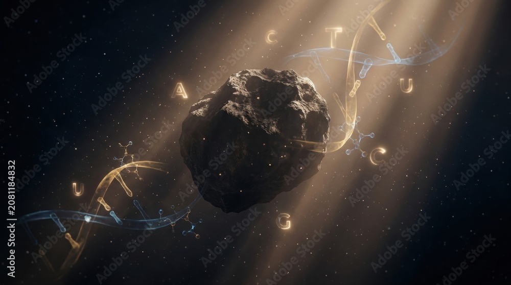 Fototapeta premium A rugged asteroid drifting through a dark starfield, surrounded by glowing adenine, thymine, cytosine, guanine and uracil symbols, with translucent molecular ribbons and faint dust particles.