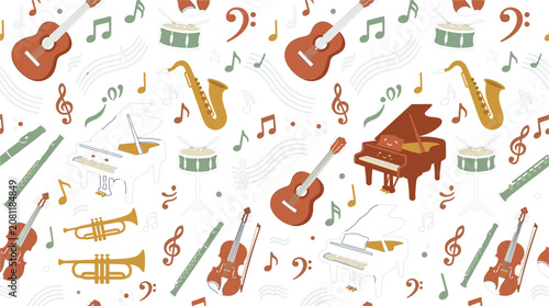 Seamless Musical Instrument Pattern Featuring Grand Piano, Guitar, Violin, Trumpet, Saxophone, Drum Set, and Musical Notes for Creative Background Designs