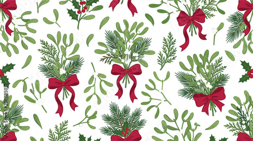 Seamless Watercolor Christmas Botanical Pattern Featuring Pine Branches, Mistletoe, Holly, Red Bows, and Evergreen Winter Foliage for Holiday Textile Designs