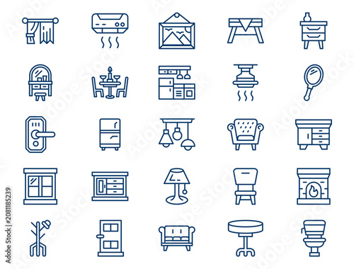 Comfortable home living outline collection presents detailed interior furniture elements. Apartment concept