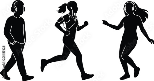 People with Headphones Silhouette Collection Featuring Walking, Running and Dancing Lifestyle Vector Set