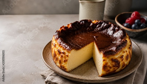 Authentic Basque Burnt Cheesecake with Creamy Custard Center on Rustic Ceramic Plate, Artisan Spanish Dessert, Hyper-Realistic Food Photography with Copy Space for Bakery and Restaurant 