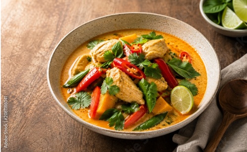 Authentic Thai Coconut Chicken Curry with Bell Peppers, Snow Peas, Fresh Cilantro, Basil and Lime in Rustic Ceramic Bowl, Gourmet Asian Cuisine, Hyper-Realistic Food Photography with Copy Space - 1