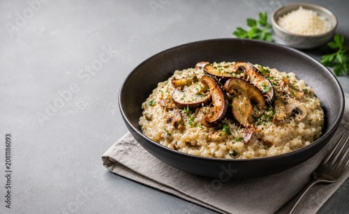 **Creamy Wild Mushroom Risotto with Parmesan Cheese, Arborio Rice, Garlic, Fresh Parsley and Cracked Black Pepper in Black Ceramic Bowl, Gourmet Italian Cuisine, Hyper-Realistic Food 