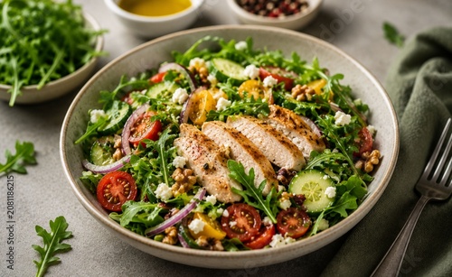 Grilled chicken breast salad with arugula, cherry tomatoes, sliced cucumber, red onion, crumbled feta cheese and walnuts served in a ceramic bowl - 1