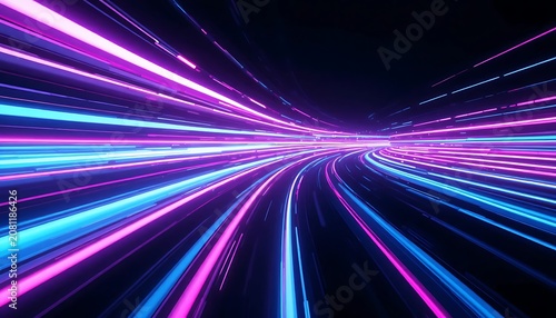 Futuristic high speed motion blur background with glowing neon pink and blue light streaks inside a digital tunnel, representing speedy fiber optic internet connection in virtual cyberspace.
